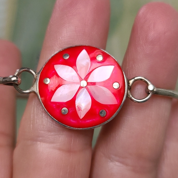ALPACA Mexico Silver MOP Enamel HOT PINK Bangle Abalone Shell Flower Bracelet - Picture 2 of 13